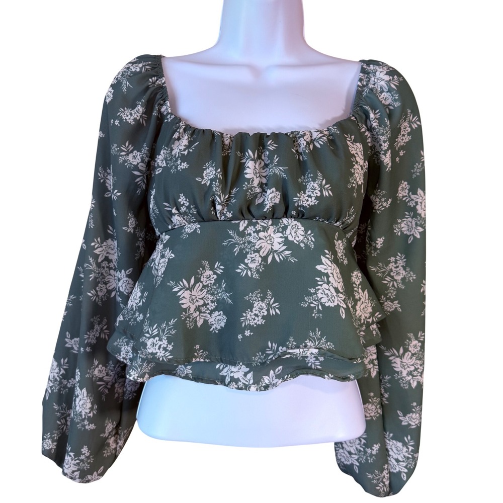 Altar'd State Sage Green Floral Peplum Blouse Tie Back Balloon Sleeve XS Boho‎